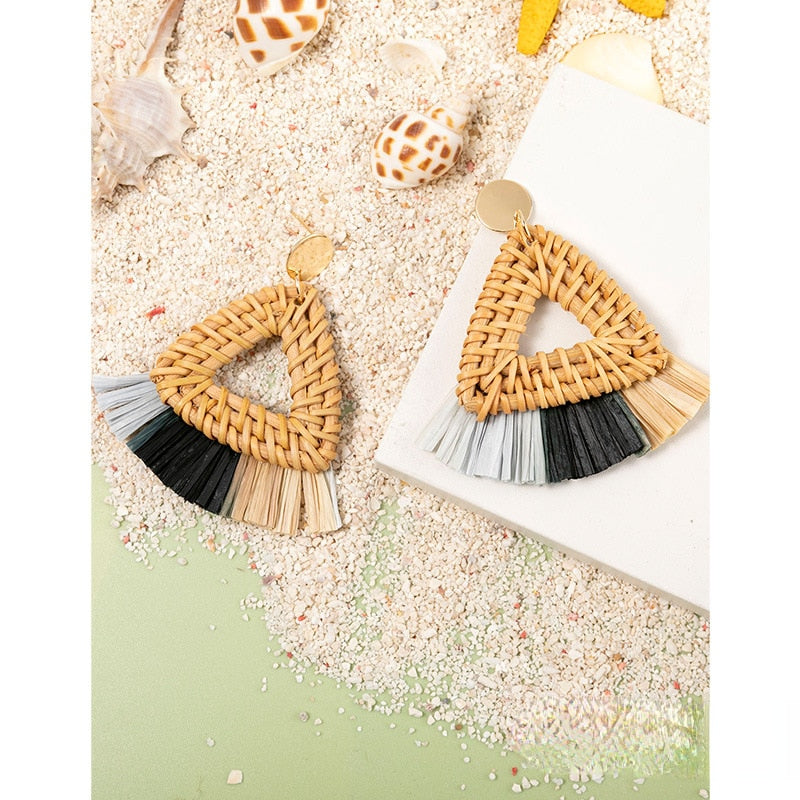 Boho Rattan With Raffia Tassel Pendant Earrings - Top Boho