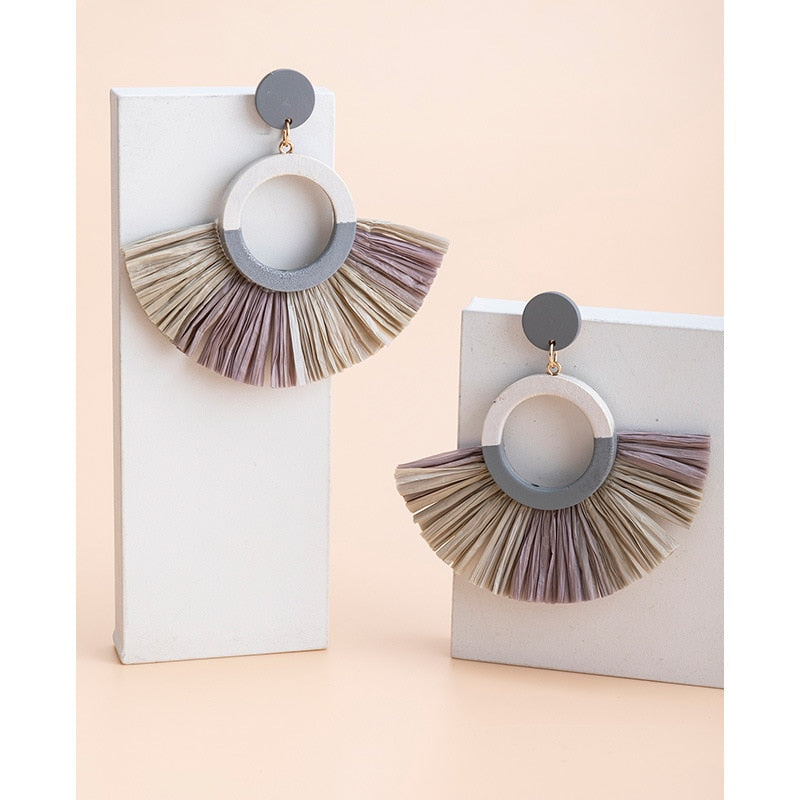 Boho Rattan With Raffia Tassel Pendant Earrings - Top Boho
