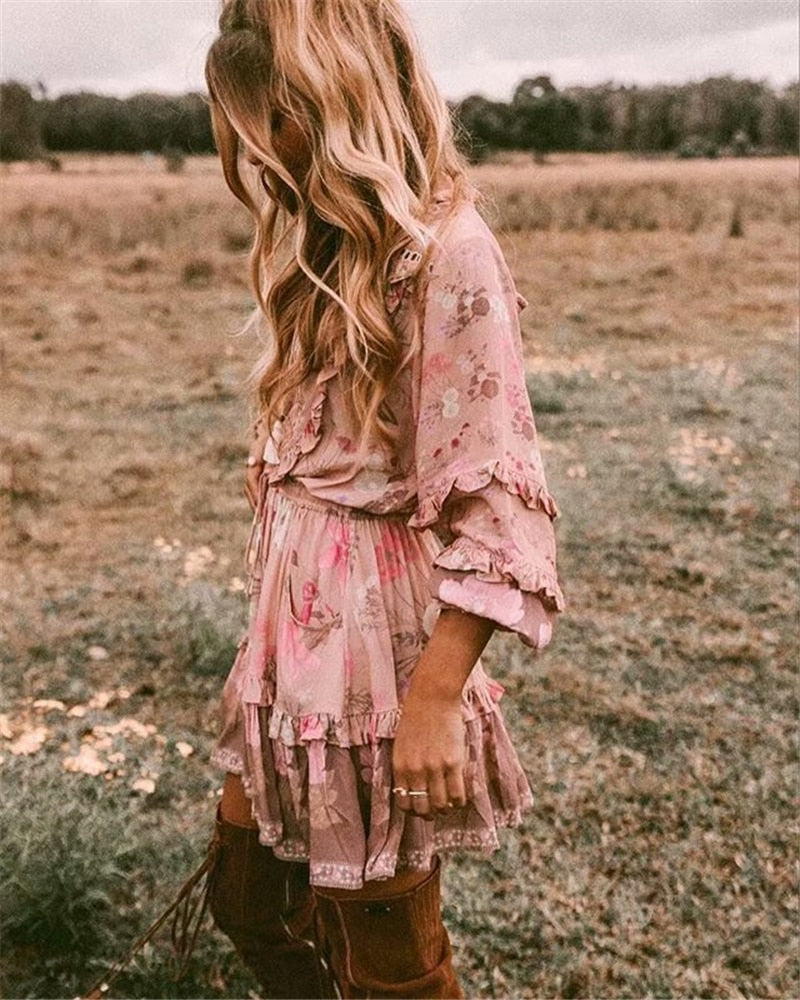Boho Long Sleeve Ruffles Dress