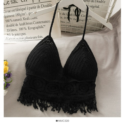 Crochet Tassel Halter Neck Crop Top - Top Boho