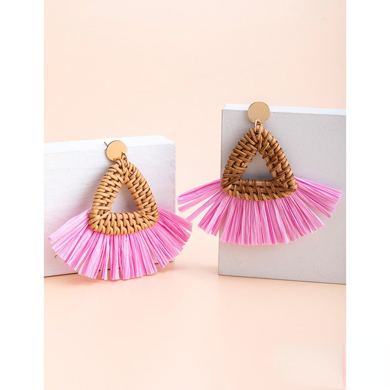 Boho Rattan With Raffia Tassel Pendant Earrings - Top Boho