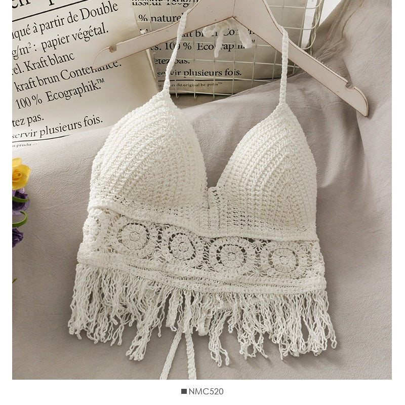 Crochet Tassel Halter Neck Crop Top - Top Boho