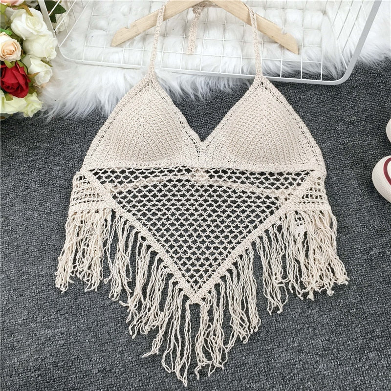 Crochet Tassel Halter Neck Crop Top - Top Boho