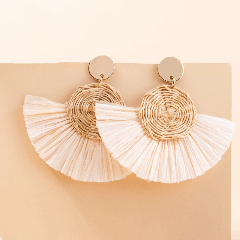Boho Rattan With Raffia Tassel Pendant Earrings - Top Boho
