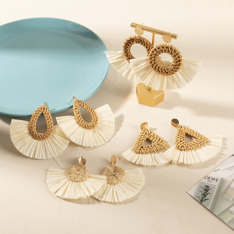 Boho Rattan With Raffia Tassel Pendant Earrings - Top Boho