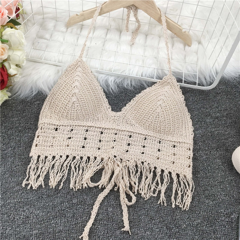 Crochet Tassel Halter Neck Crop Top - Top Boho