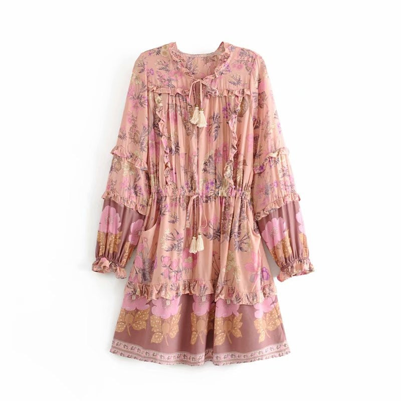 Boho Long Sleeve Ruffles Dress