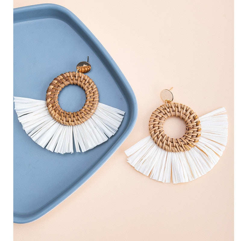 Boho Rattan With Raffia Tassel Pendant Earrings - Top Boho