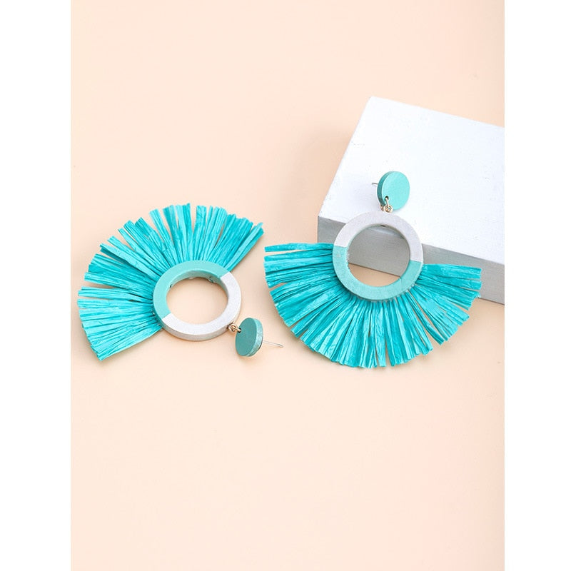 Boho Rattan With Raffia Tassel Pendant Earrings - Top Boho