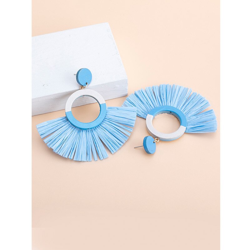 Boho Rattan With Raffia Tassel Pendant Earrings - Top Boho