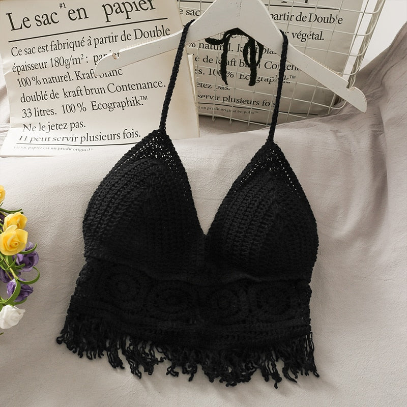 Crochet Tassel Halter Neck Crop Top - Top Boho