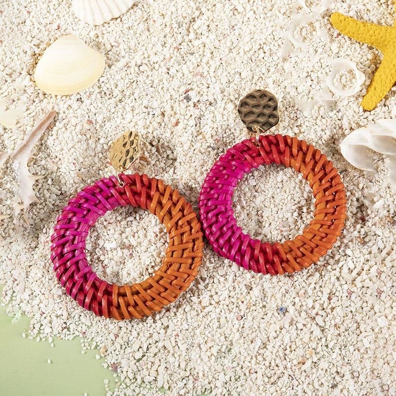 Boho Rattan With Raffia Tassel Pendant Earrings - Top Boho