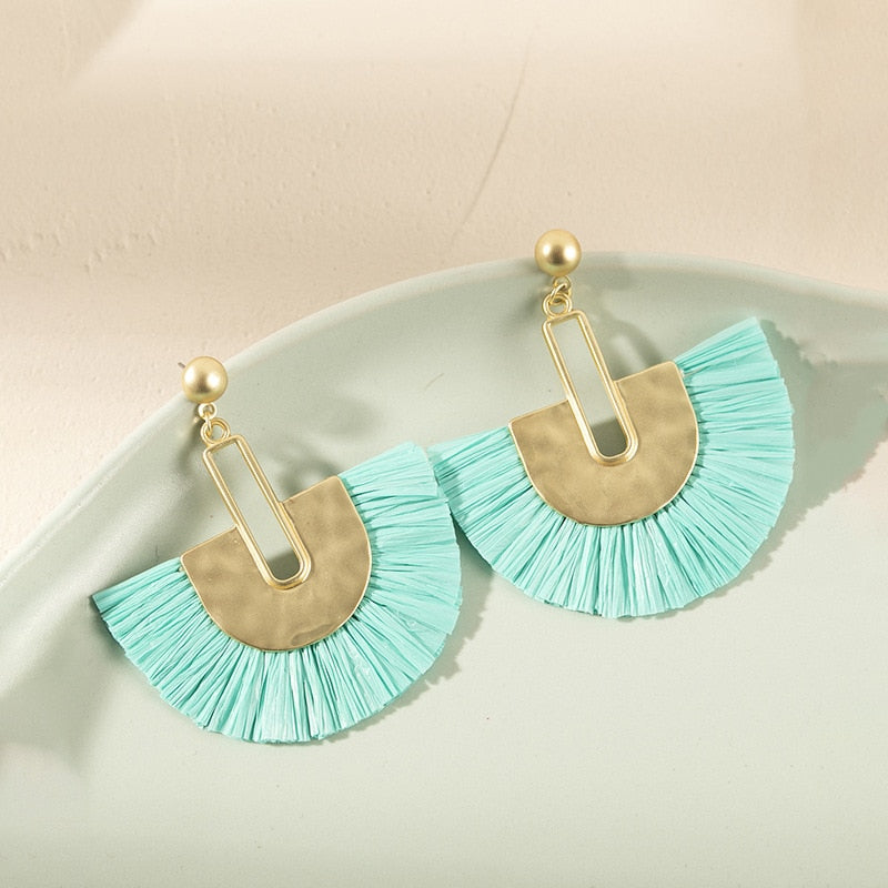 Boho Rattan With Raffia Tassel Pendant Earrings - Top Boho
