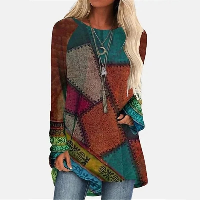 Patchwork Long Sleeve Sweater - Top Boho