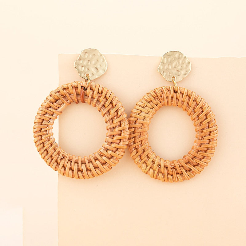 Boho Rattan With Raffia Tassel Pendant Earrings - Top Boho