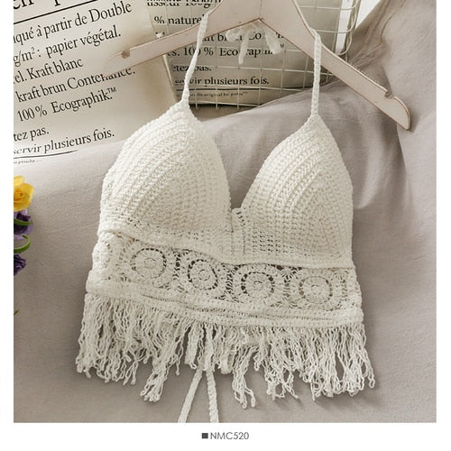 Crochet Tassel Halter Neck Crop Top - Top Boho