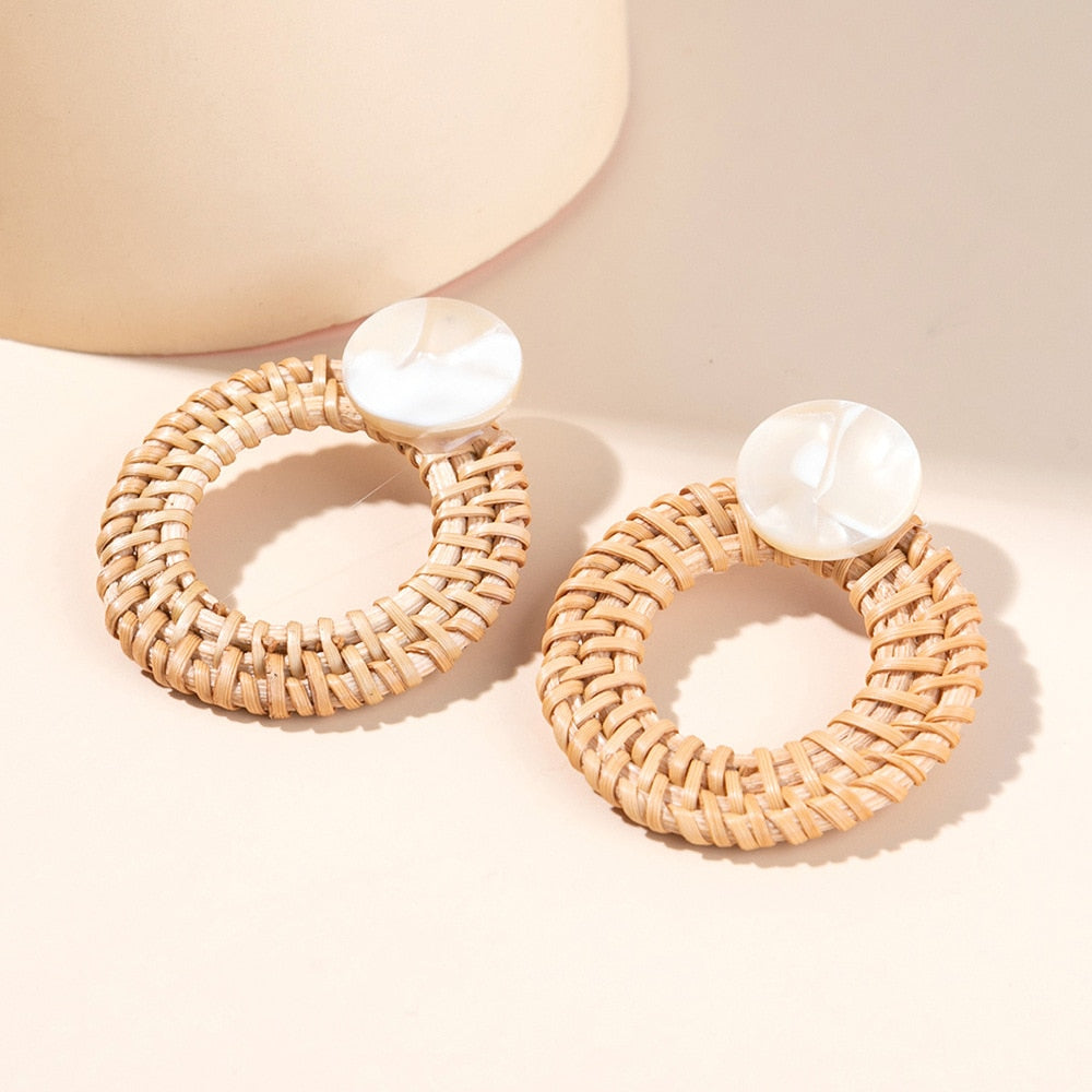 Boho Rattan With Raffia Tassel Pendant Earrings - Top Boho