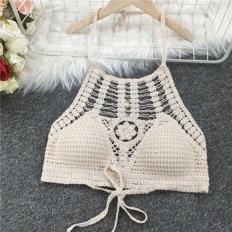 Crochet Tassel Halter Neck Crop Top - Top Boho