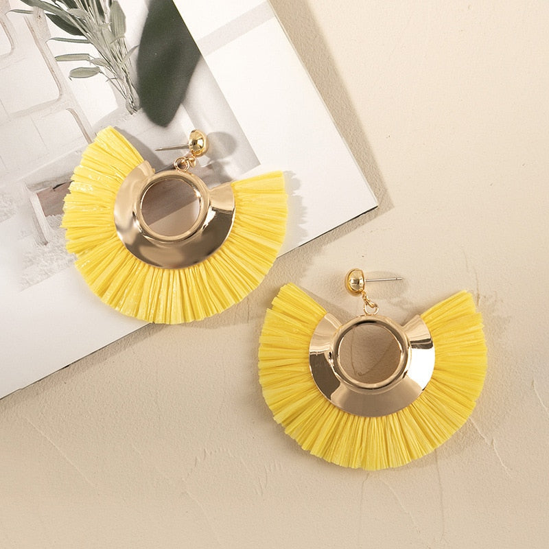 Boho Rattan With Raffia Tassel Pendant Earrings - Top Boho