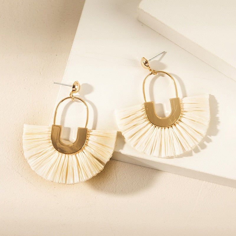 Boho Rattan With Raffia Tassel Pendant Earrings - Top Boho