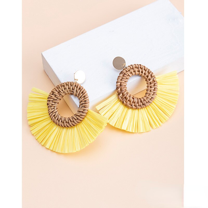 Boho Rattan With Raffia Tassel Pendant Earrings - Top Boho