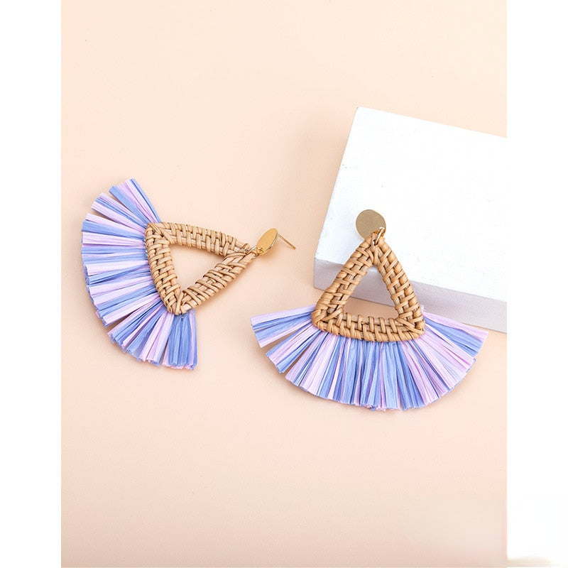 Boho Rattan With Raffia Tassel Pendant Earrings - Top Boho