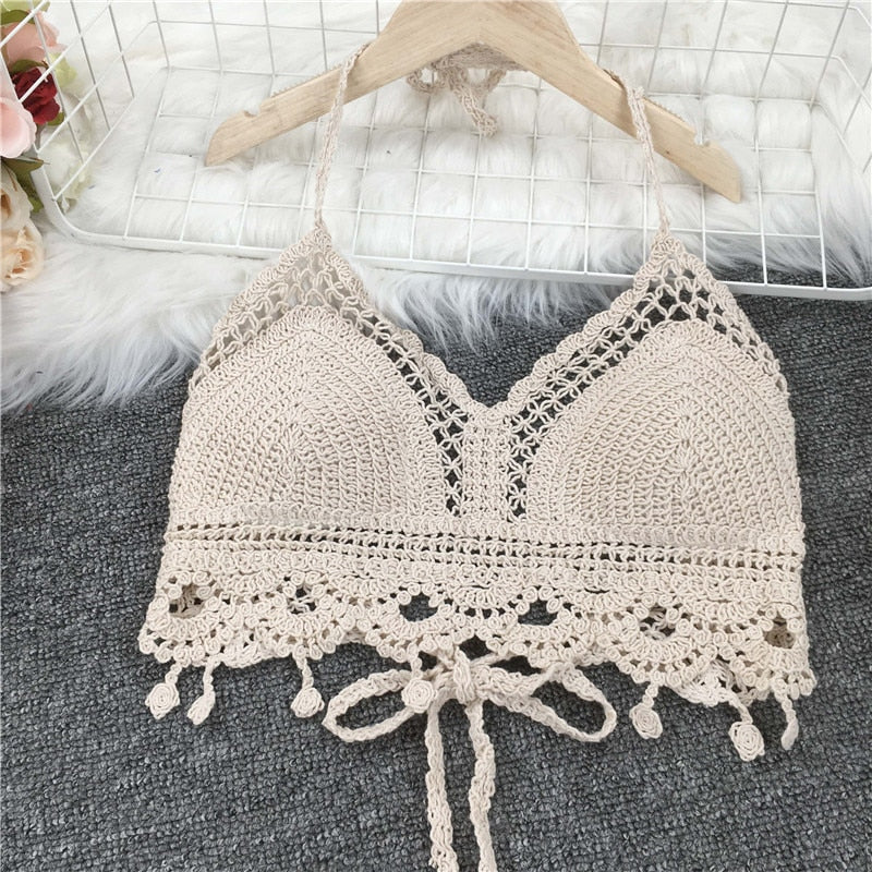 Crochet Tassel Halter Neck Crop Top - Top Boho