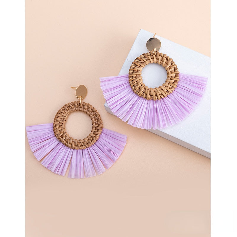 Boho Rattan With Raffia Tassel Pendant Earrings - Top Boho