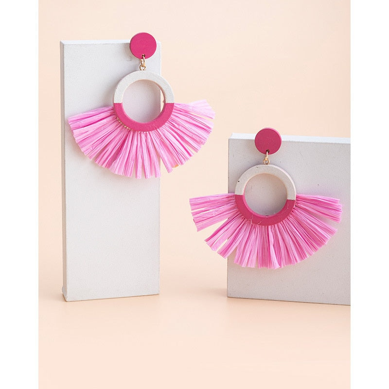 Boho Rattan With Raffia Tassel Pendant Earrings - Top Boho