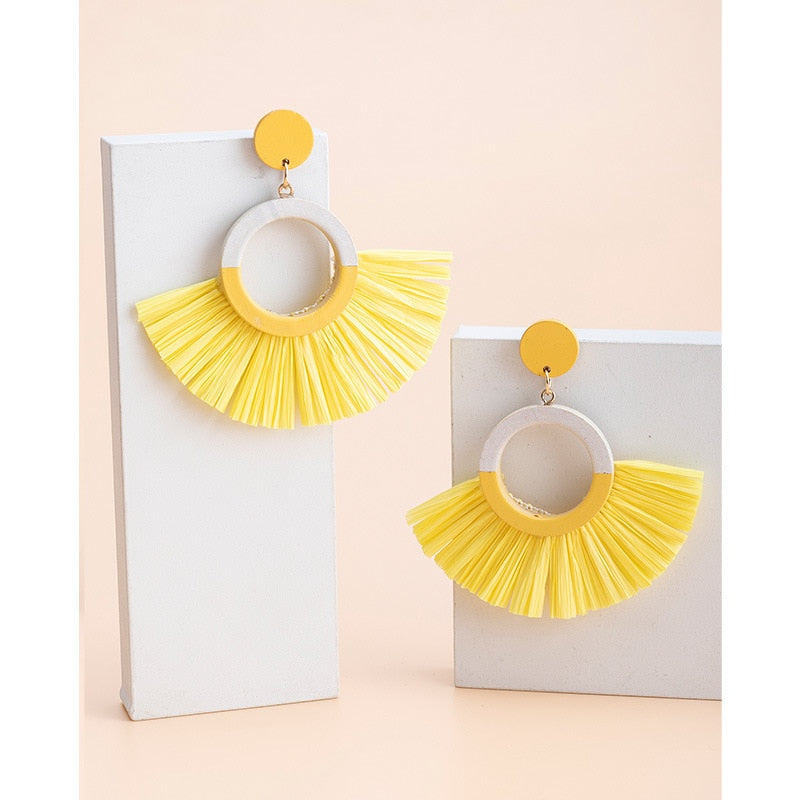 Boho Rattan With Raffia Tassel Pendant Earrings - Top Boho