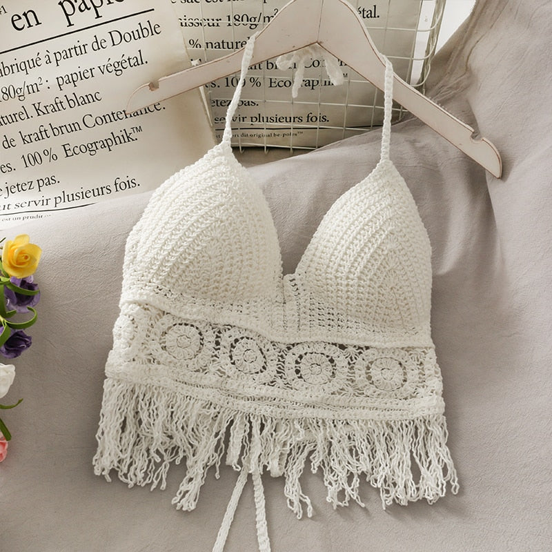 Crochet Tassel Halter Neck Crop Top - Top Boho