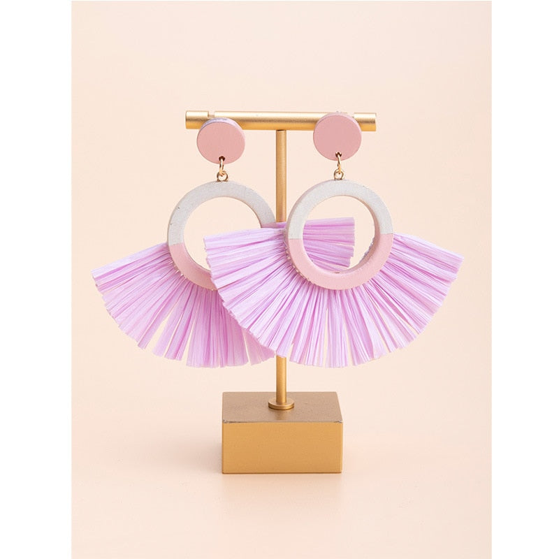 Boho Rattan With Raffia Tassel Pendant Earrings - Top Boho