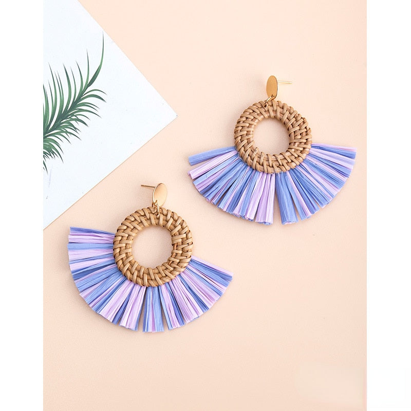 Boho Rattan With Raffia Tassel Pendant Earrings - Top Boho