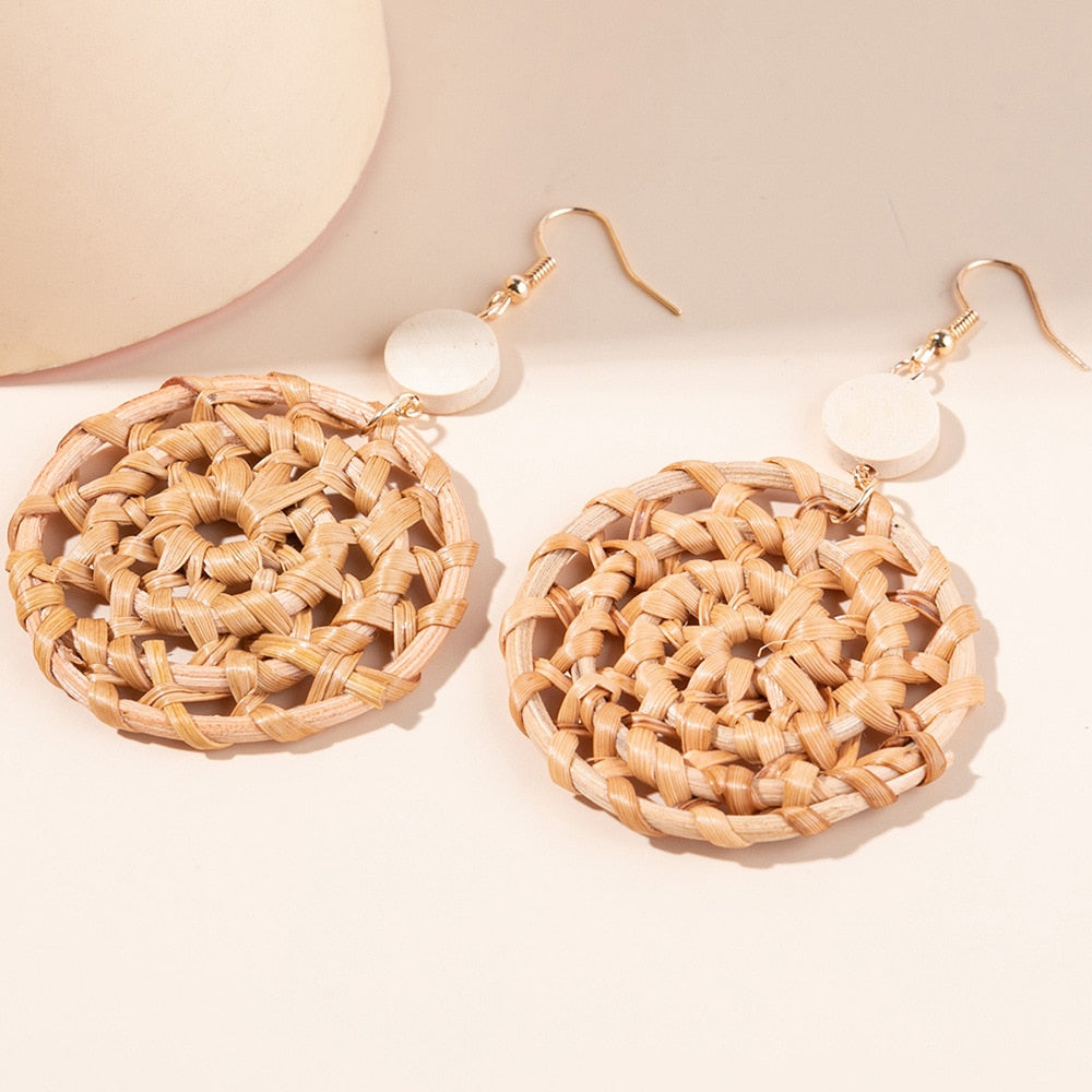 Boho Rattan With Raffia Tassel Pendant Earrings - Top Boho