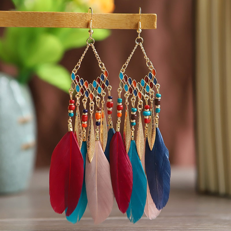 Boho Feather Tassel Earrings