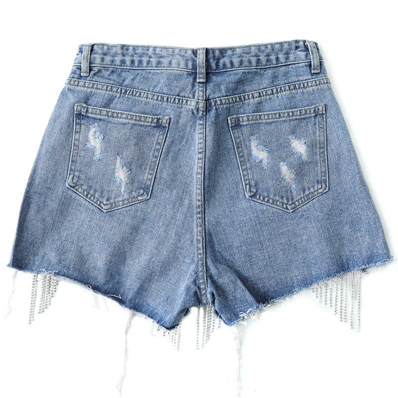 Cut-out Denim Shorts with Tassels - Top Boho