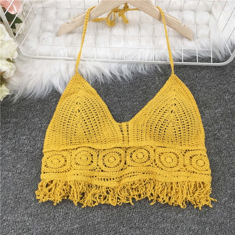 Crochet Tassel Halter Neck Crop Top - Top Boho