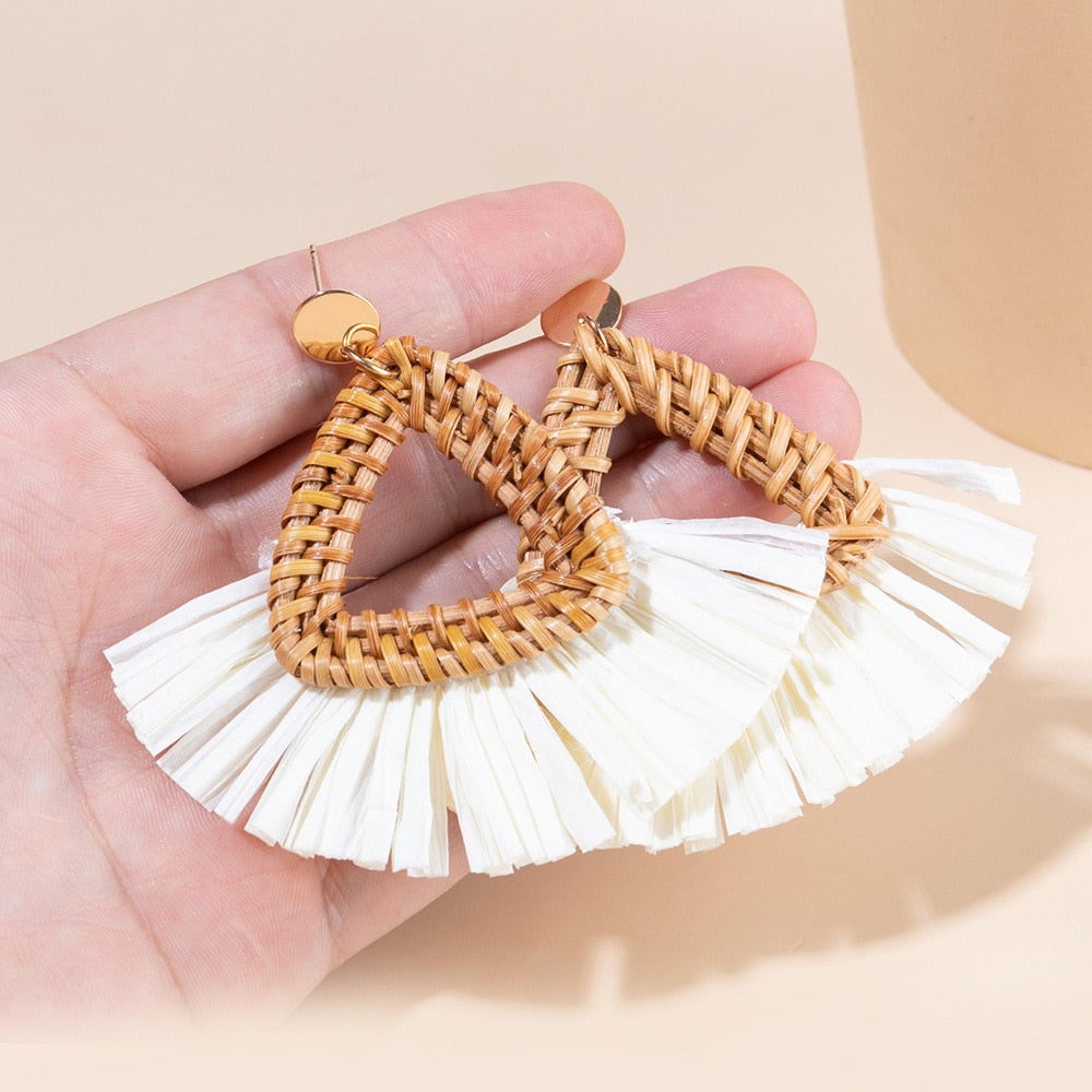 Boho Rattan With Raffia Tassel Pendant Earrings - Top Boho