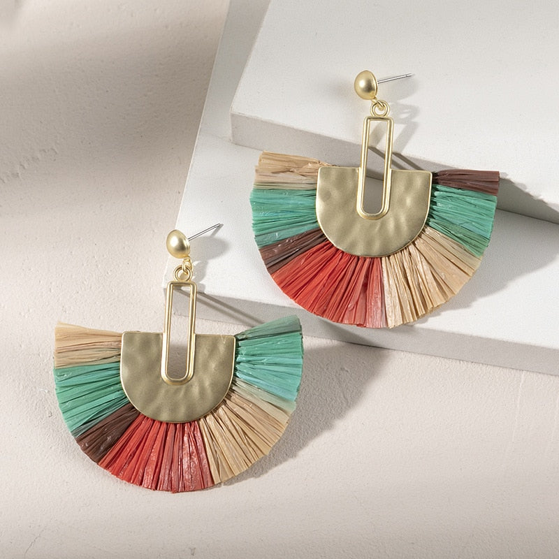 Boho Rattan With Raffia Tassel Pendant Earrings - Top Boho