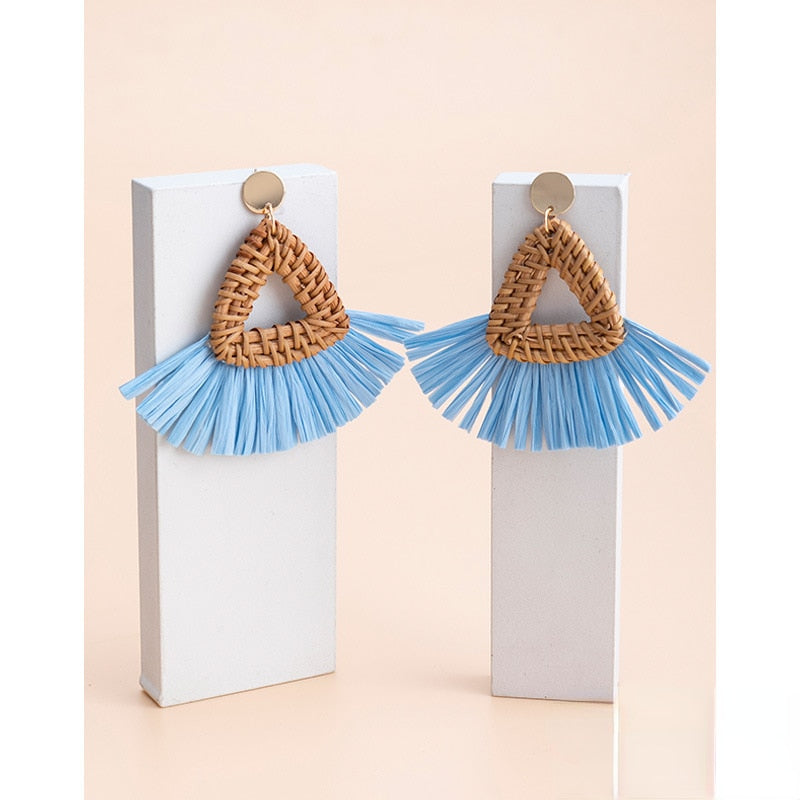 Boho Rattan With Raffia Tassel Pendant Earrings - Top Boho