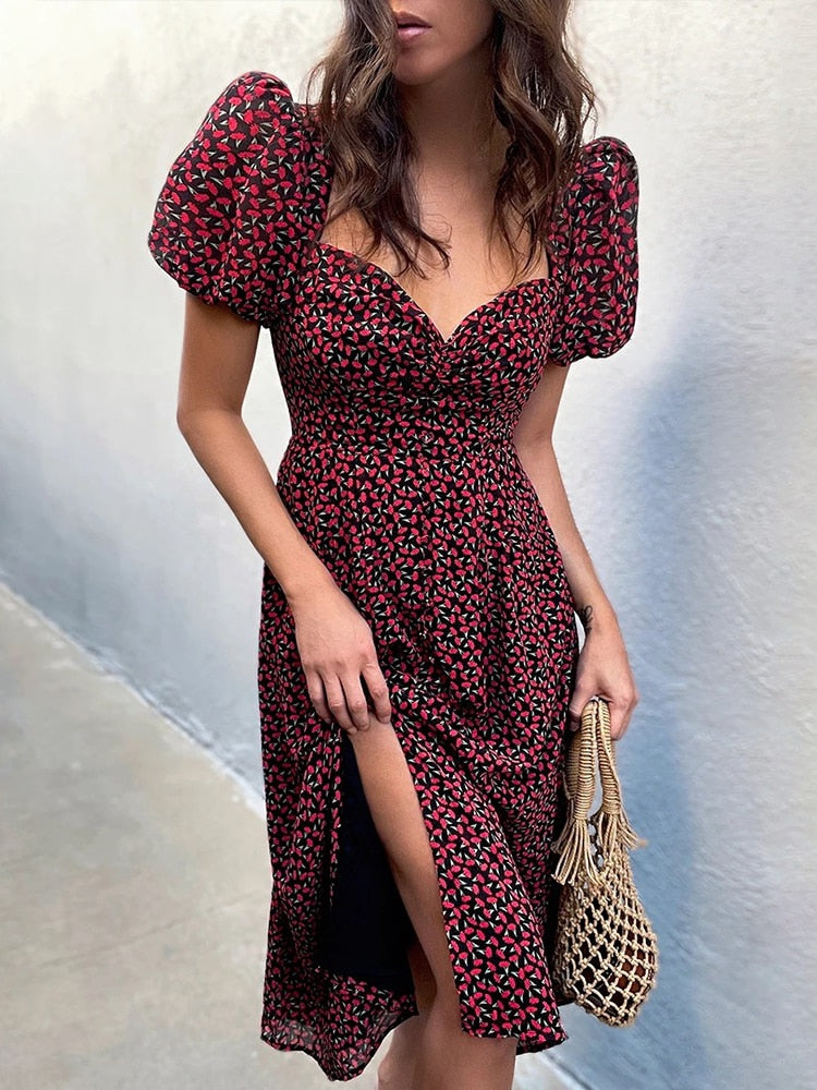 Boho Puff Short Sleeve Maxi Dress