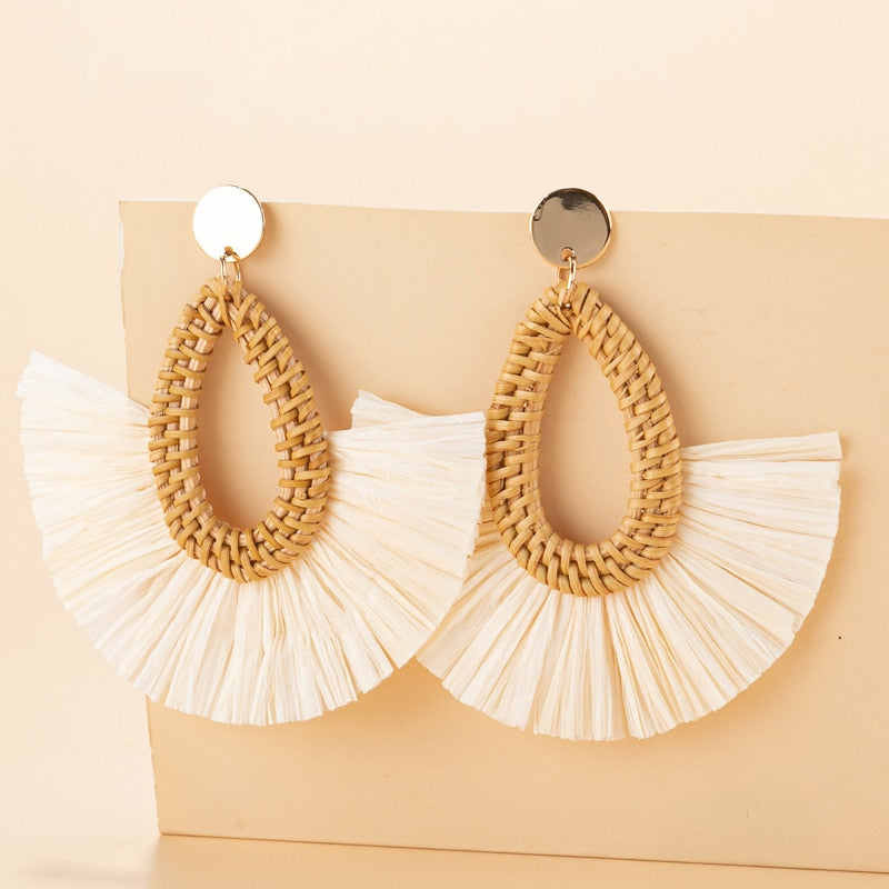 Boho Rattan With Raffia Tassel Pendant Earrings - Top Boho