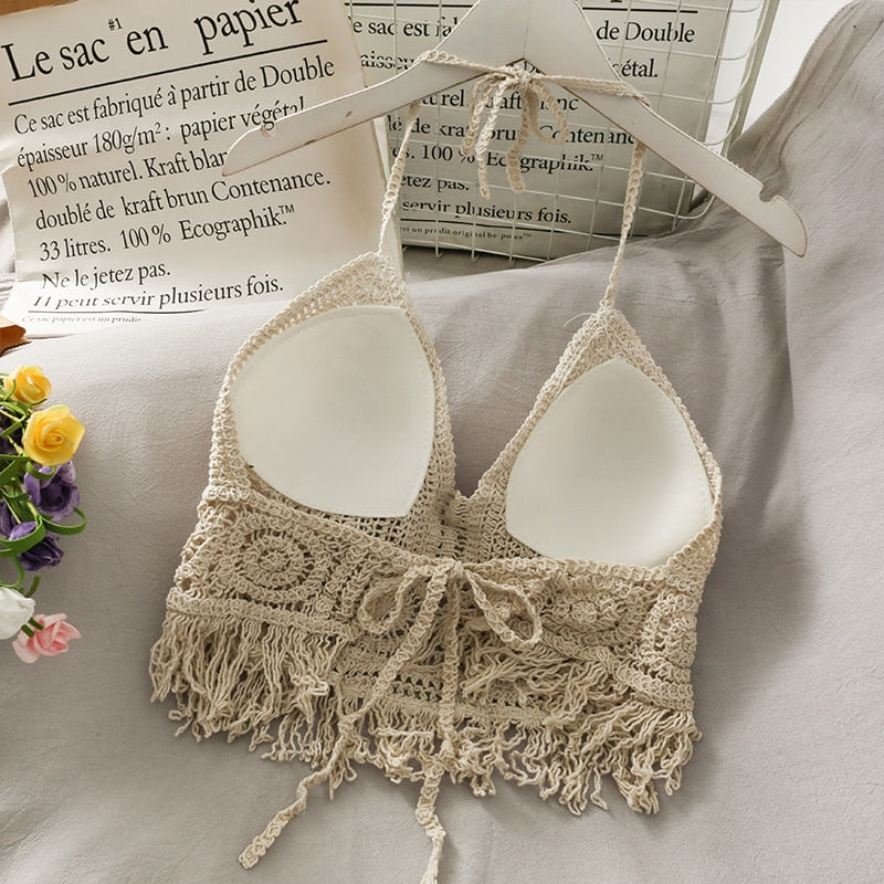 Crochet Tassel Halter Neck Crop Top - Top Boho