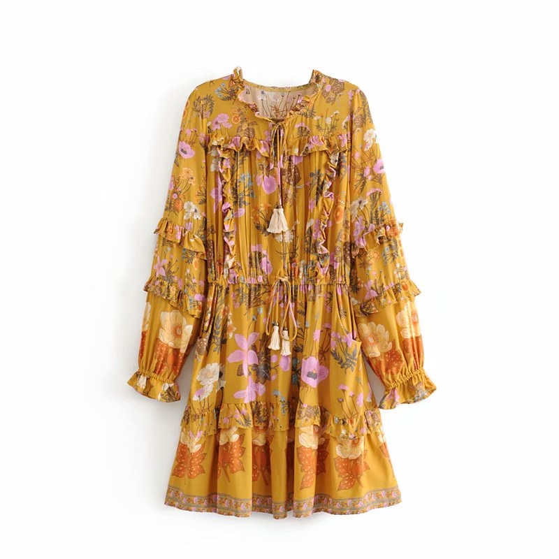 Boho Long Sleeve Ruffles Dress