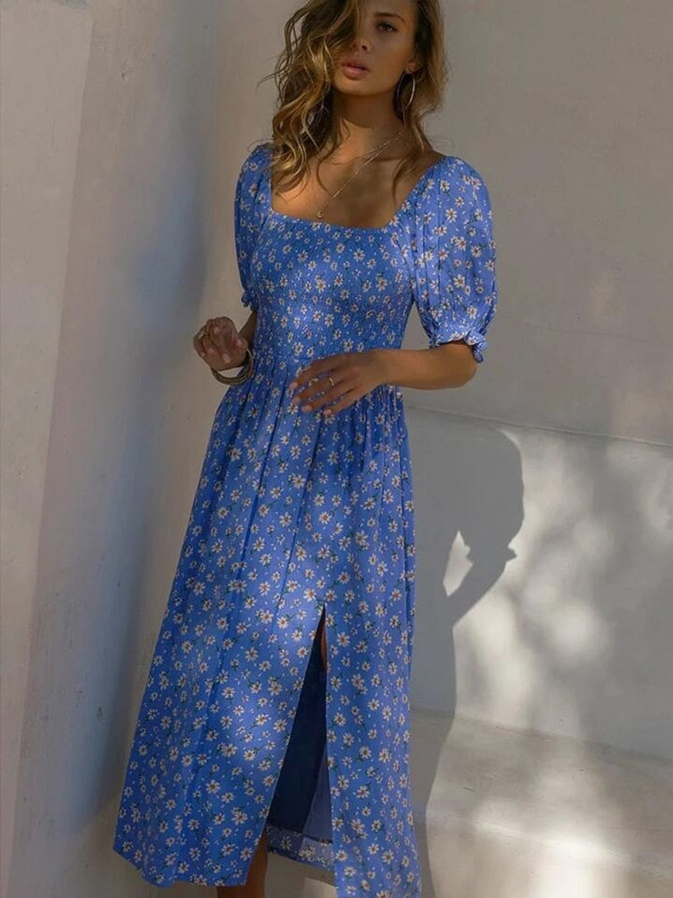 Boho Puff Short Sleeve Maxi Dress