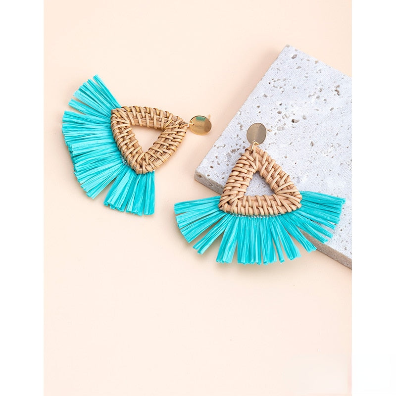 Boho Rattan With Raffia Tassel Pendant Earrings - Top Boho
