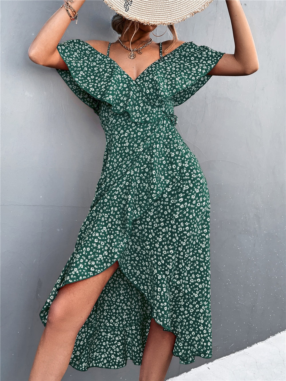 Boho Over Shoulder Ruffles Dress - Top Boho