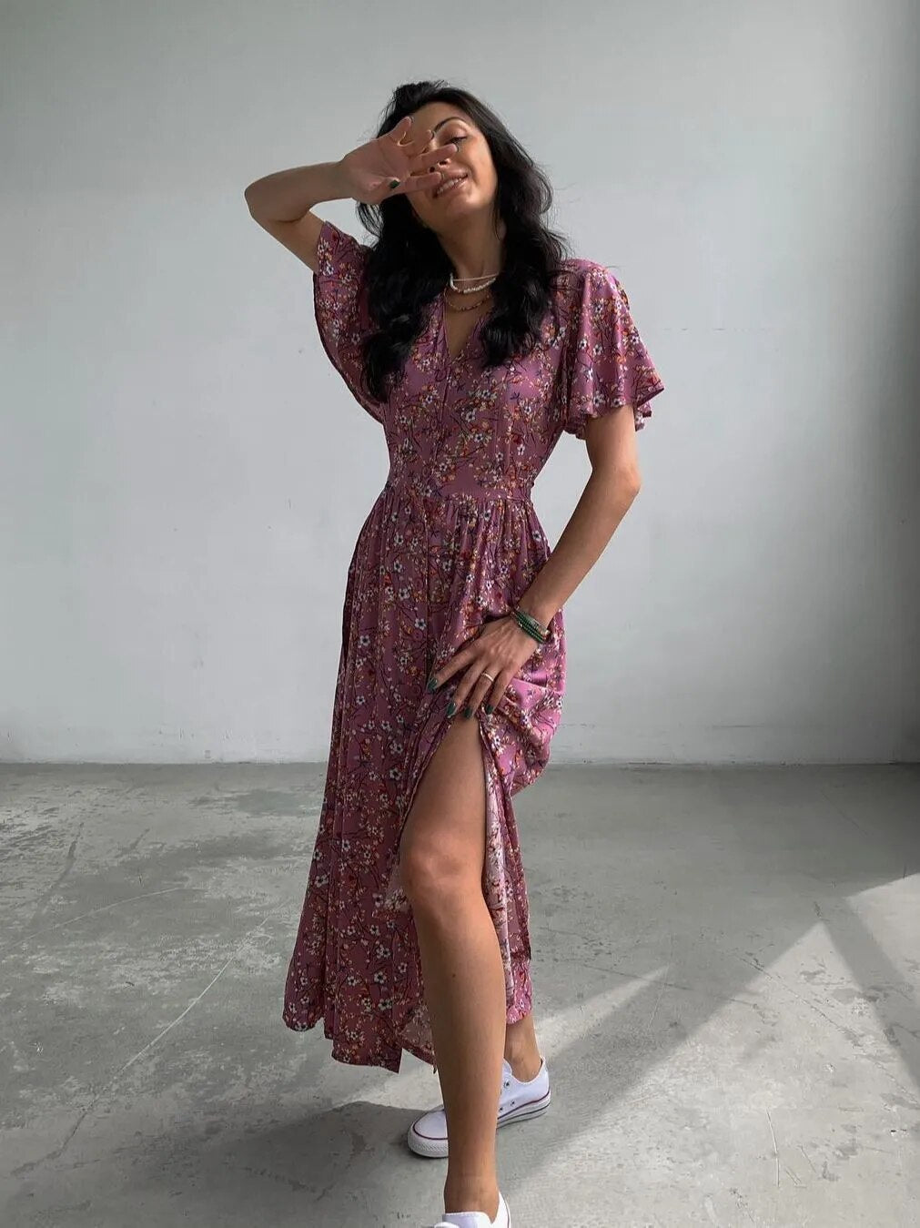 Bohemian Floral Flare Sleeve Dress
