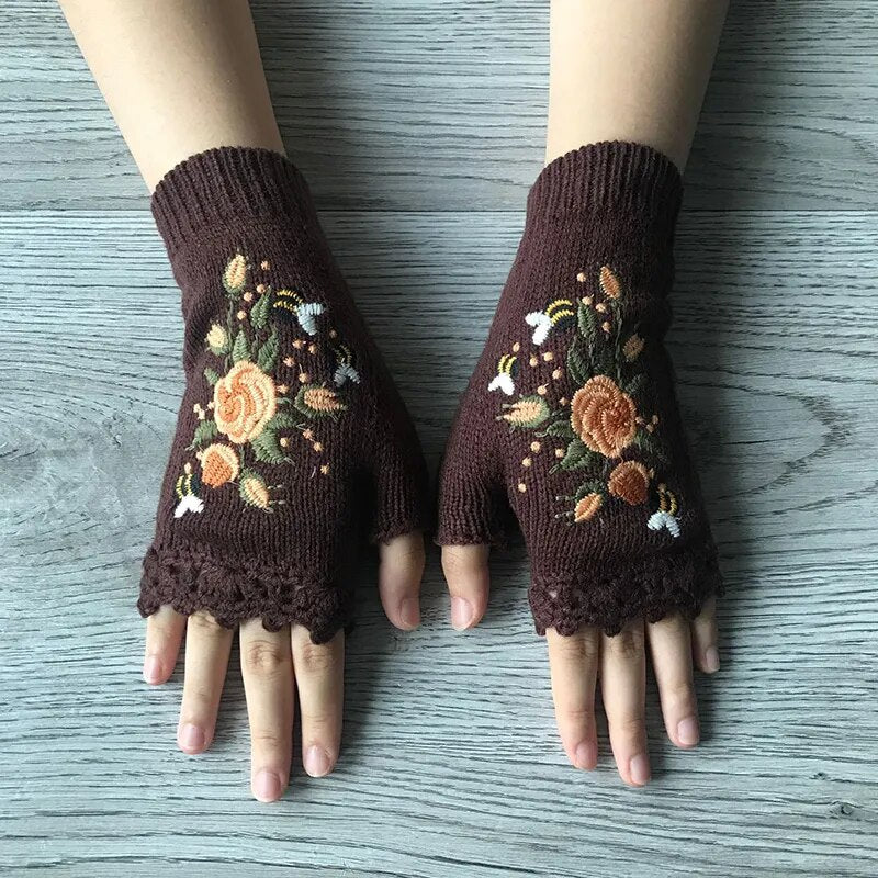 Boho Floral Fingerless Knitted Gloves - Top Boho