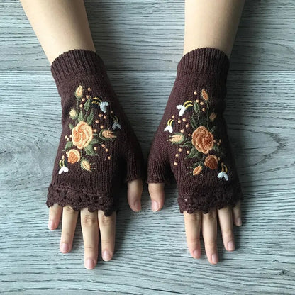 Boho Floral Fingerless Knitted Gloves